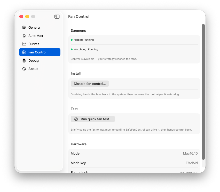 SafeFanControl Fan Control settings — daemon status, fan test wizard, and hardware info